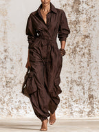 Elegant Ruched Shirt Dress For Women – Long Sleeve Button Down Midi Dress With Waist Tie & Relaxed Silhouette