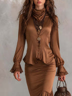 Vintage Tencel-polyester Blend Flare Hem Two-piece Set
