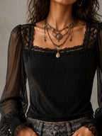 Retro Black Square Neck Lace Trim Mesh Puff Sleeve Blouse