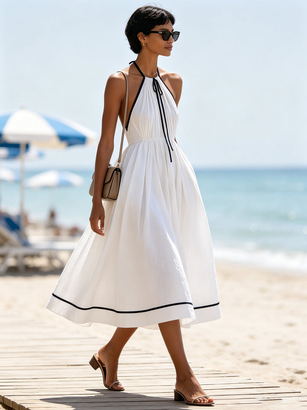 Elegant Contrast Trim Halter Midi Dress – Minimalist White Summer Dress With Pleated Bodice & Flowy A-Line Skirt
