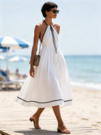 Elegant Contrast Trim Halter Midi Dress – Minimalist White Summer Dress With Pleated Bodice & Flowy A-Line Skirt