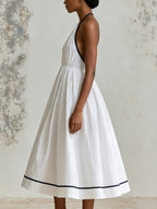 Elegant Contrast Trim Halter Midi Dress – Minimalist White Summer Dress With Pleated Bodice & Flowy A-Line Skirt