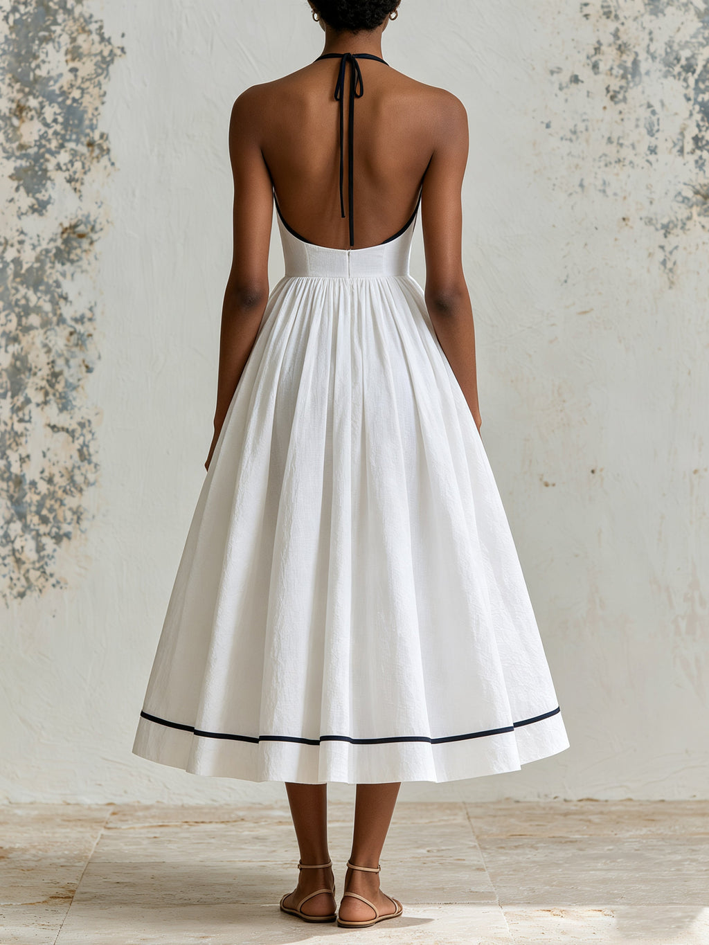 Elegant Contrast Trim Halter Midi Dress – Minimalist White Summer Dress With Pleated Bodice & Flowy A-Line Skirt