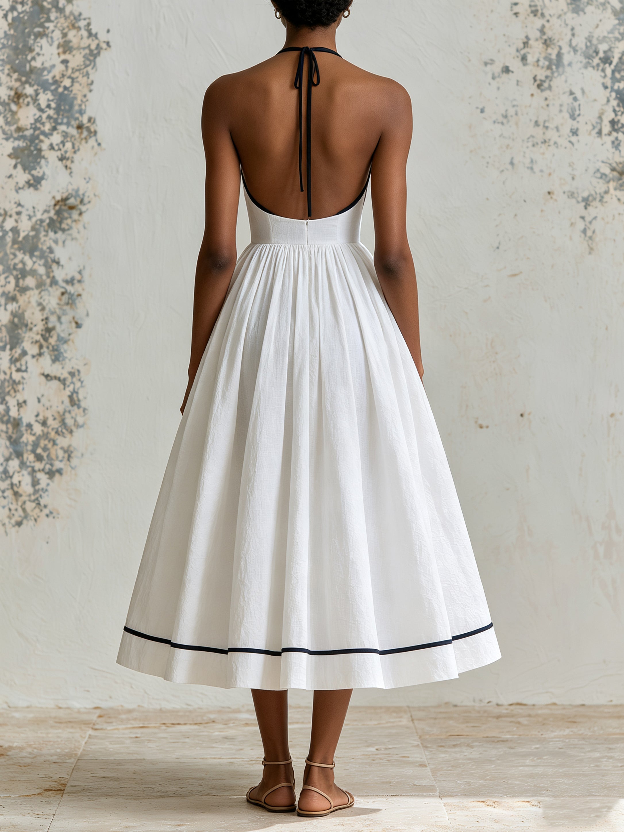 Elegant Contrast Trim Halter Midi Dress – Minimalist White Summer Dress With Pleated Bodice & Flowy A-Line Skirt