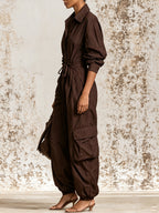 Elegant Ruched Shirt Dress For Women – Long Sleeve Button Down Midi Dress With Waist Tie & Relaxed Silhouette