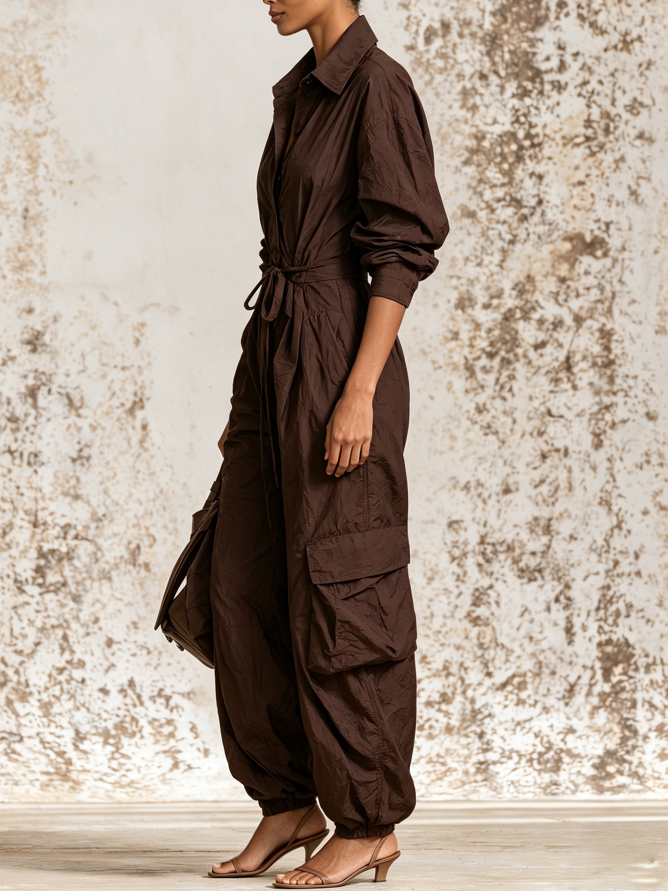 Elegant Ruched Shirt Dress For Women – Long Sleeve Button Down Midi Dress With Waist Tie & Relaxed Silhouette