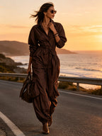 Elegant Ruched Shirt Dress For Women – Long Sleeve Button Down Midi Dress With Waist Tie & Relaxed Silhouette