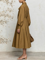 Elegant Tie-Neck A-Line Midi Dress For Women – Long Sleeve Pleated Flowy Dress