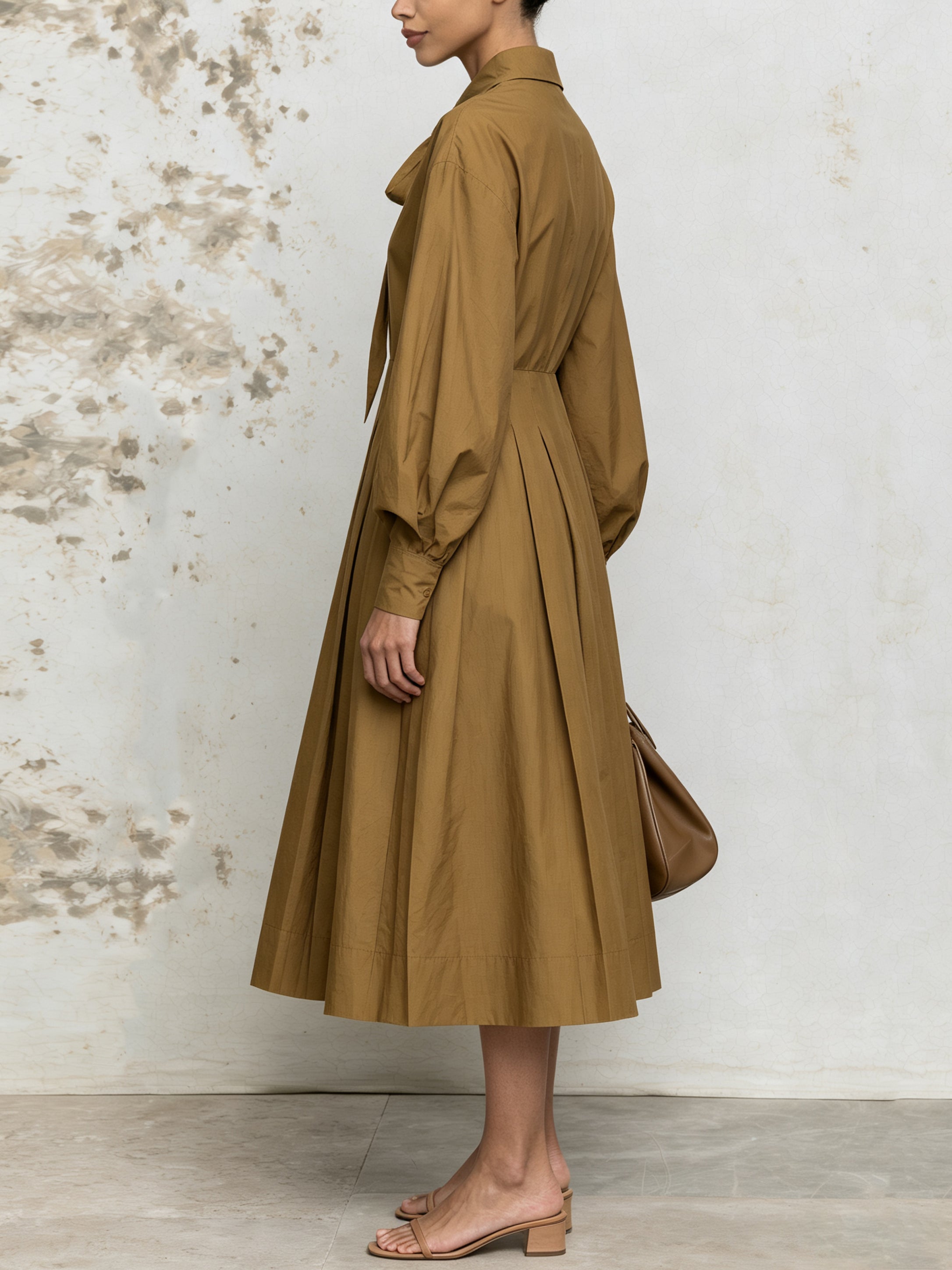 Elegant Tie-Neck A-Line Midi Dress For Women – Long Sleeve Pleated Flowy Dress