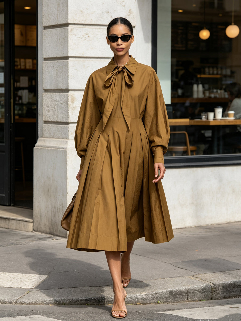 Elegant Tie-Neck A-Line Midi Dress For Women – Long Sleeve Pleated Flowy Dress