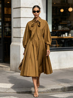Elegant Tie-Neck A-Line Midi Dress For Women – Long Sleeve Pleated Flowy Dress