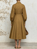 Elegant Tie-Neck A-Line Midi Dress For Women – Long Sleeve Pleated Flowy Dress