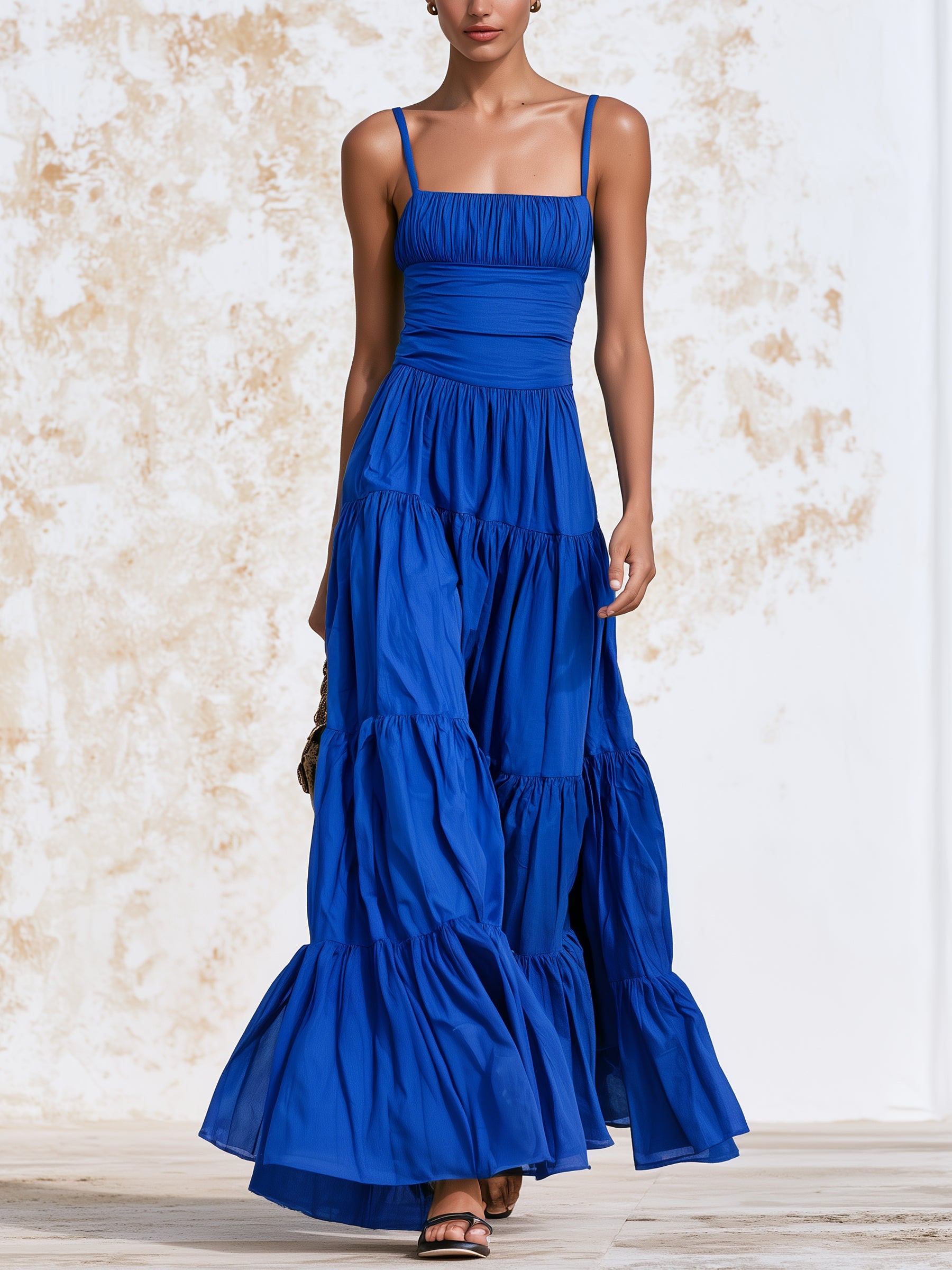 Royal Blue Tiered Maxi Dress – Elegant Square Neck Ruched Waist Summer Dress