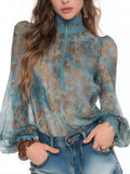Boho Vintage Floral Print Lace High Neck Zip Front Puff Flare Long Sleeve Blouse