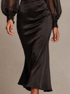 Elegant Gothic Vintage Lace Mesh Puff Long Sleeve Satin Mermaid Midi Dress