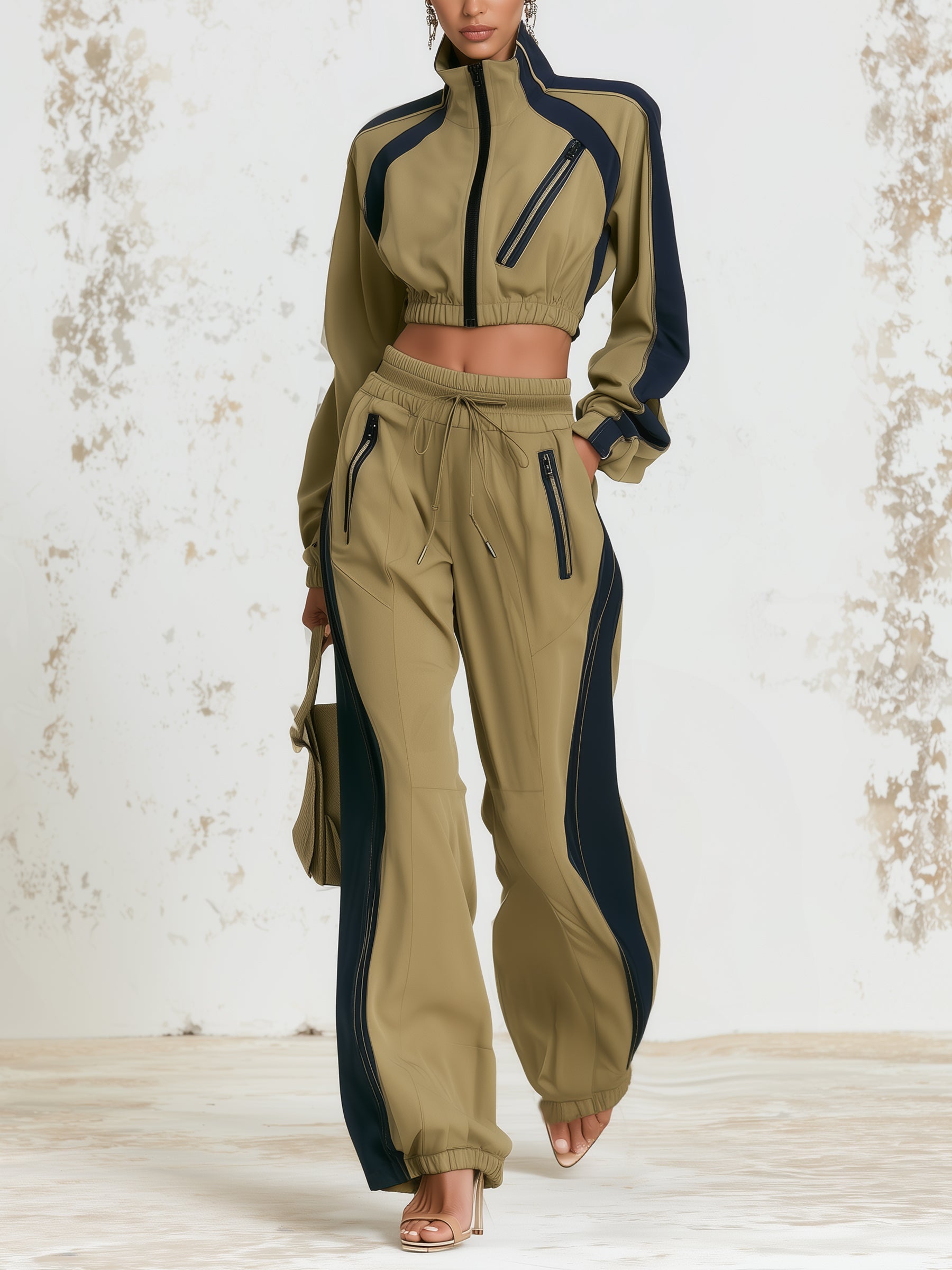 Khaki Contrast Track Set – Cropped Zip Jacket & Wide Leg Jogger Pants Activewear Set