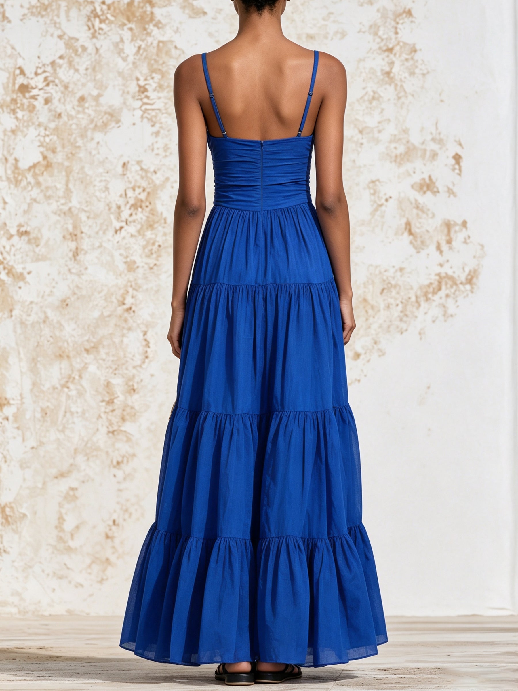 Royal Blue Tiered Maxi Dress – Elegant Square Neck Ruched Waist Summer Dress