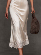Elegant Vintage Tie Keyhole Lace Trim Short Sleeve Satin Midi Slip Dress