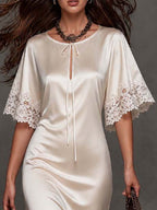 Elegant Vintage Tie Keyhole Lace Trim Short Sleeve Satin Midi Slip Dress