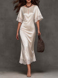 Elegant Vintage Tie Keyhole Lace Trim Short Sleeve Satin Midi Slip Dress