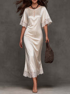 Elegant Vintage Tie Keyhole Lace Trim Short Sleeve Satin Midi Slip Dress