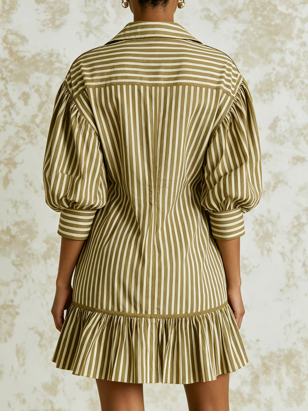 Olive Stripe Button Front Mini Dress – Puff Sleeve Collared Shirt Dress with Tiered Hem