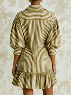 Olive Stripe Button Front Mini Dress – Puff Sleeve Collared Shirt Dress with Tiered Hem