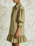 Olive Stripe Button Front Mini Dress – Puff Sleeve Collared Shirt Dress with Tiered Hem