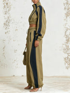 Khaki Contrast Track Set – Cropped Zip Jacket & Wide Leg Jogger Pants Activewear Set