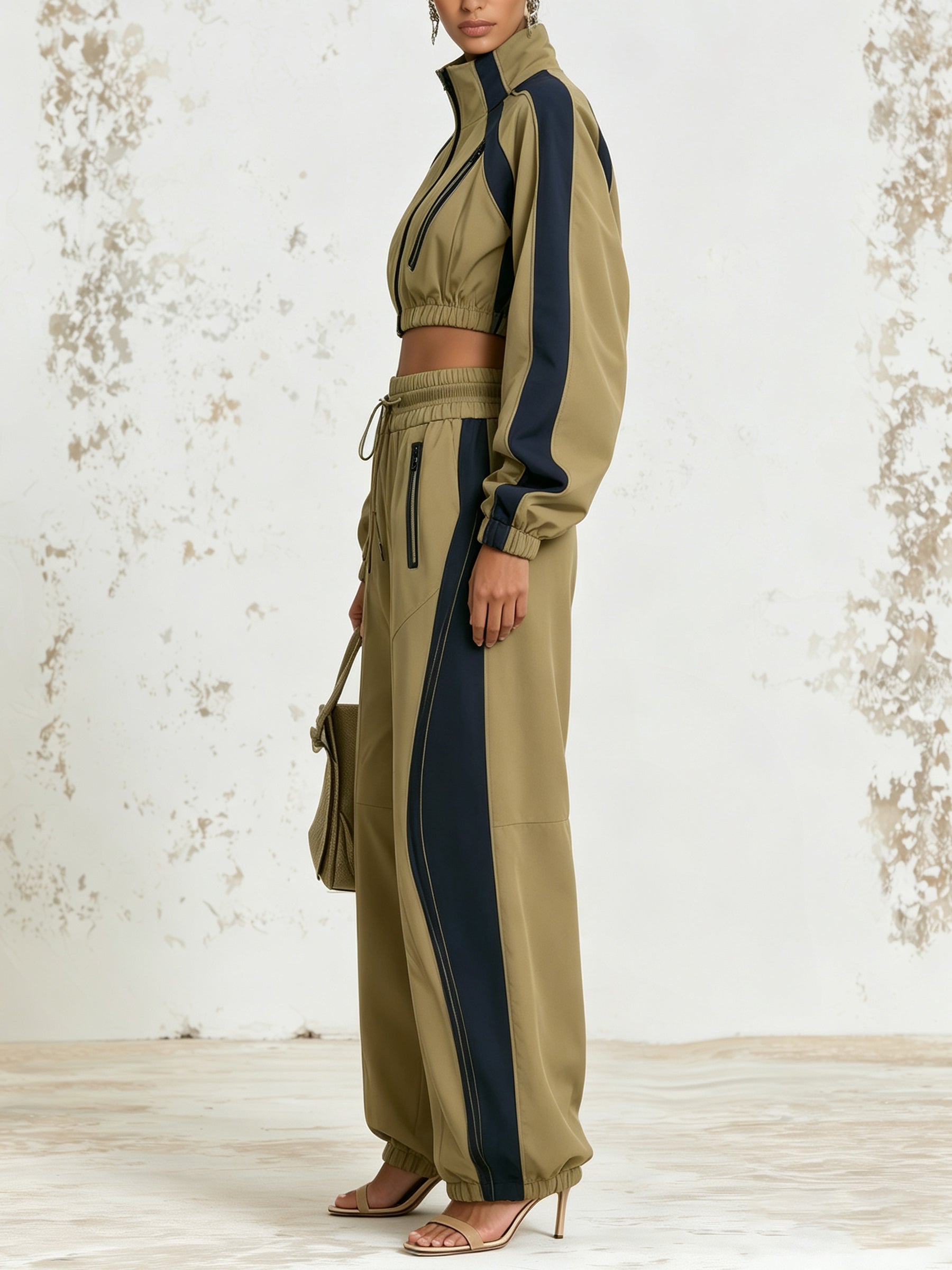Khaki Contrast Track Set – Cropped Zip Jacket & Wide Leg Jogger Pants Activewear Set
