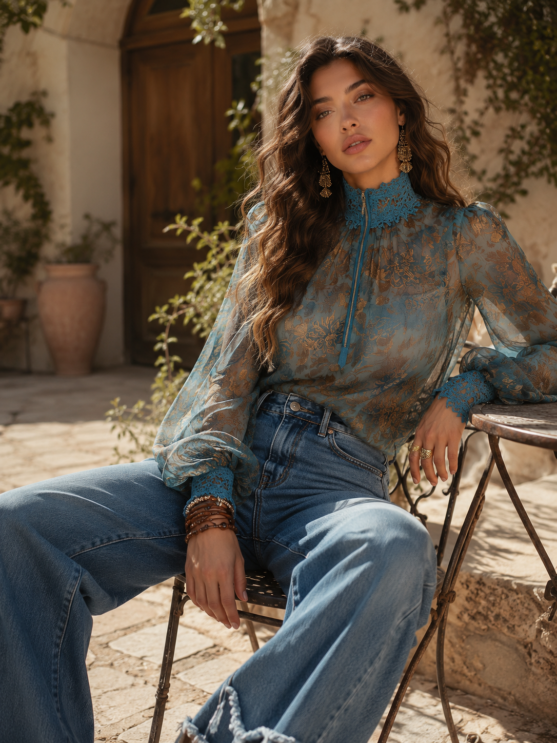 Boho Vintage Floral Print Lace High Neck Zip Front Puff Flare Long Sleeve Blouse