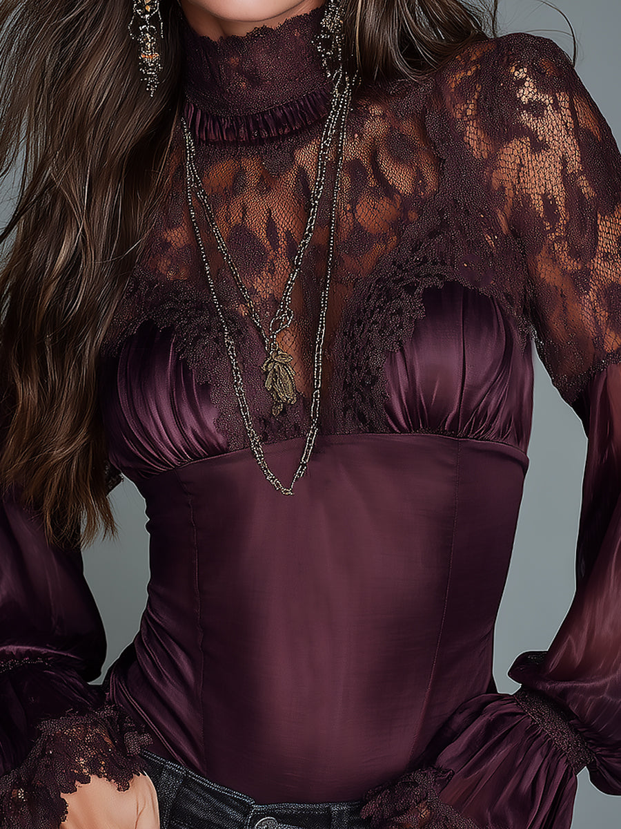 Vintage Lace Paneling Satin Blouse With Lantern Sleeves