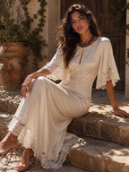 Elegant Vintage Tie Keyhole Lace Trim Short Sleeve Satin Midi Slip Dress