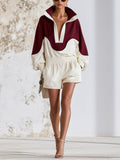 Burgundy Contrast Half Zip Pullover Set – Oversized Hoodie Top & High Waist Shorts Two Piece Outfit