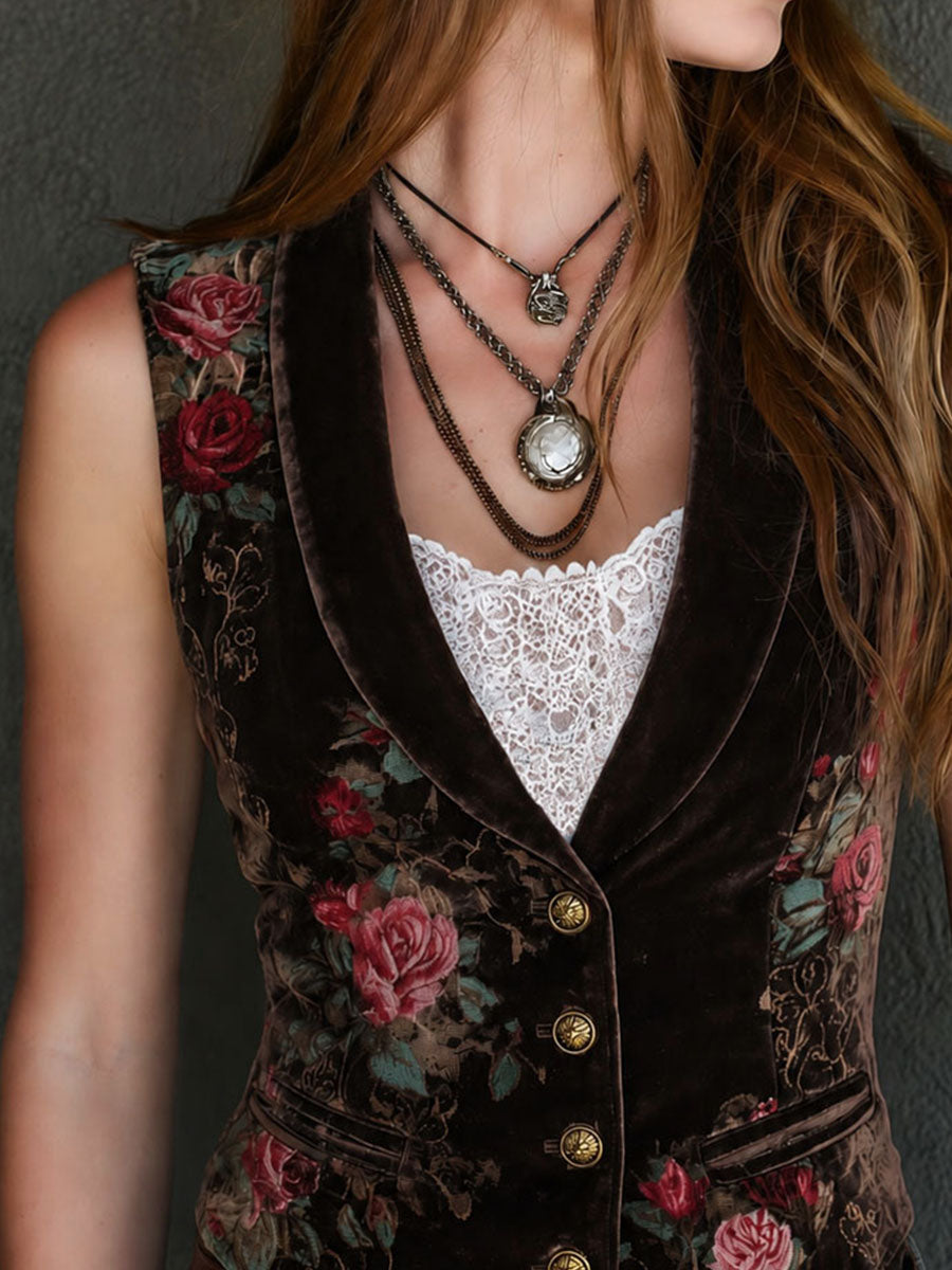 Retro Brown Velvet Floral Print Lapel Button Pocket Waistcoat