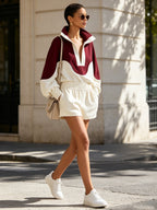 Burgundy Contrast Half Zip Pullover Set – Oversized Hoodie Top & High Waist Shorts Two Piece Outfit