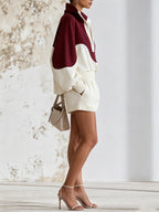 Burgundy Contrast Half Zip Pullover Set – Oversized Hoodie Top & High Waist Shorts Two Piece Outfit