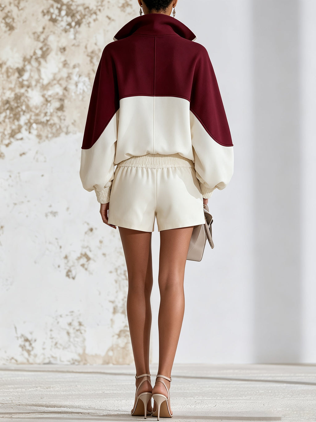 Burgundy Contrast Half Zip Pullover Set – Oversized Hoodie Top & High Waist Shorts Two Piece Outfit