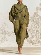 Olive Utility Jumpsuit – Chic Zip Front Long Sleeve Cargo Jumpsuit With Elastic Waist