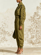 Olive Utility Jumpsuit – Chic Zip Front Long Sleeve Cargo Jumpsuit With Elastic Waist