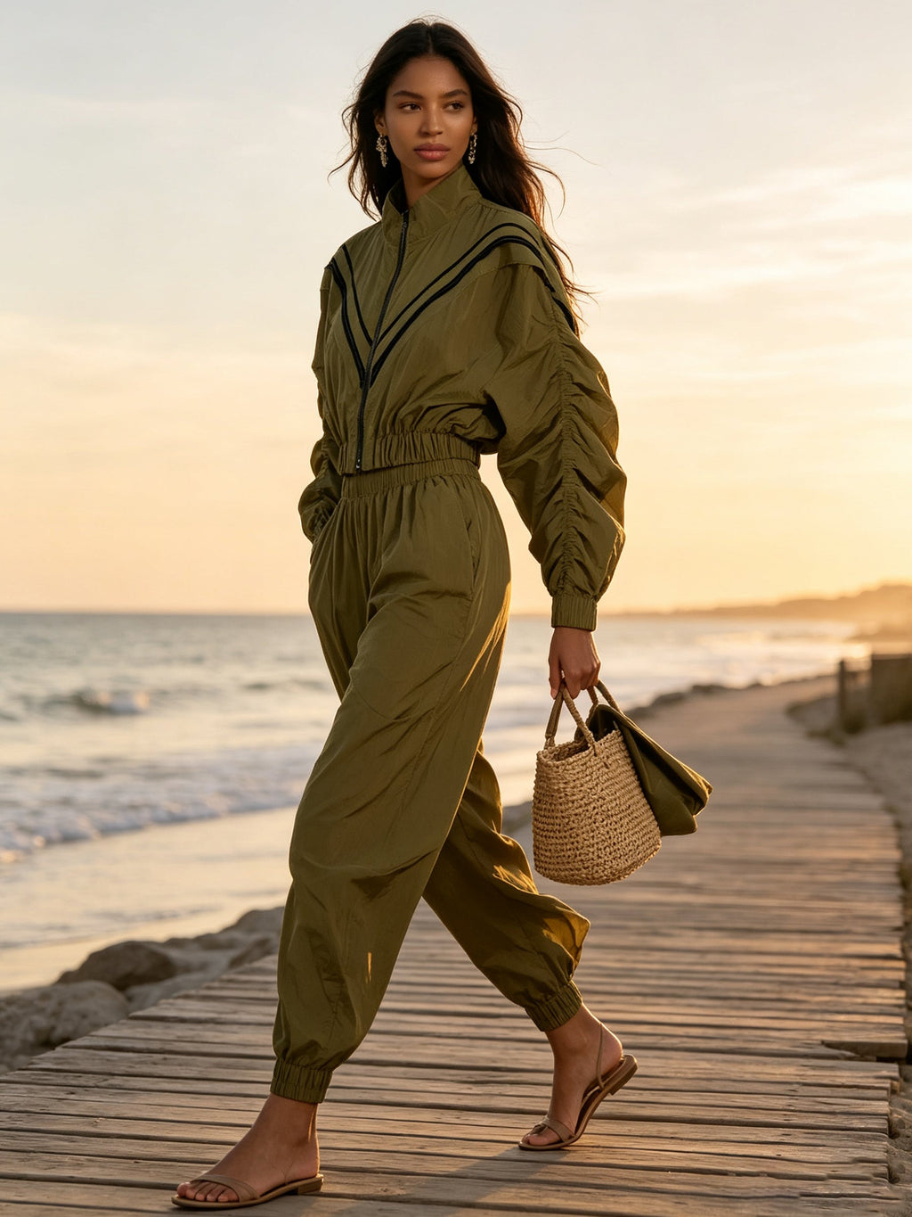 Olive Utility Jumpsuit – Chic Zip Front Long Sleeve Cargo Jumpsuit With Elastic Waist