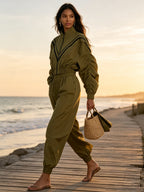Olive Utility Jumpsuit – Chic Zip Front Long Sleeve Cargo Jumpsuit With Elastic Waist