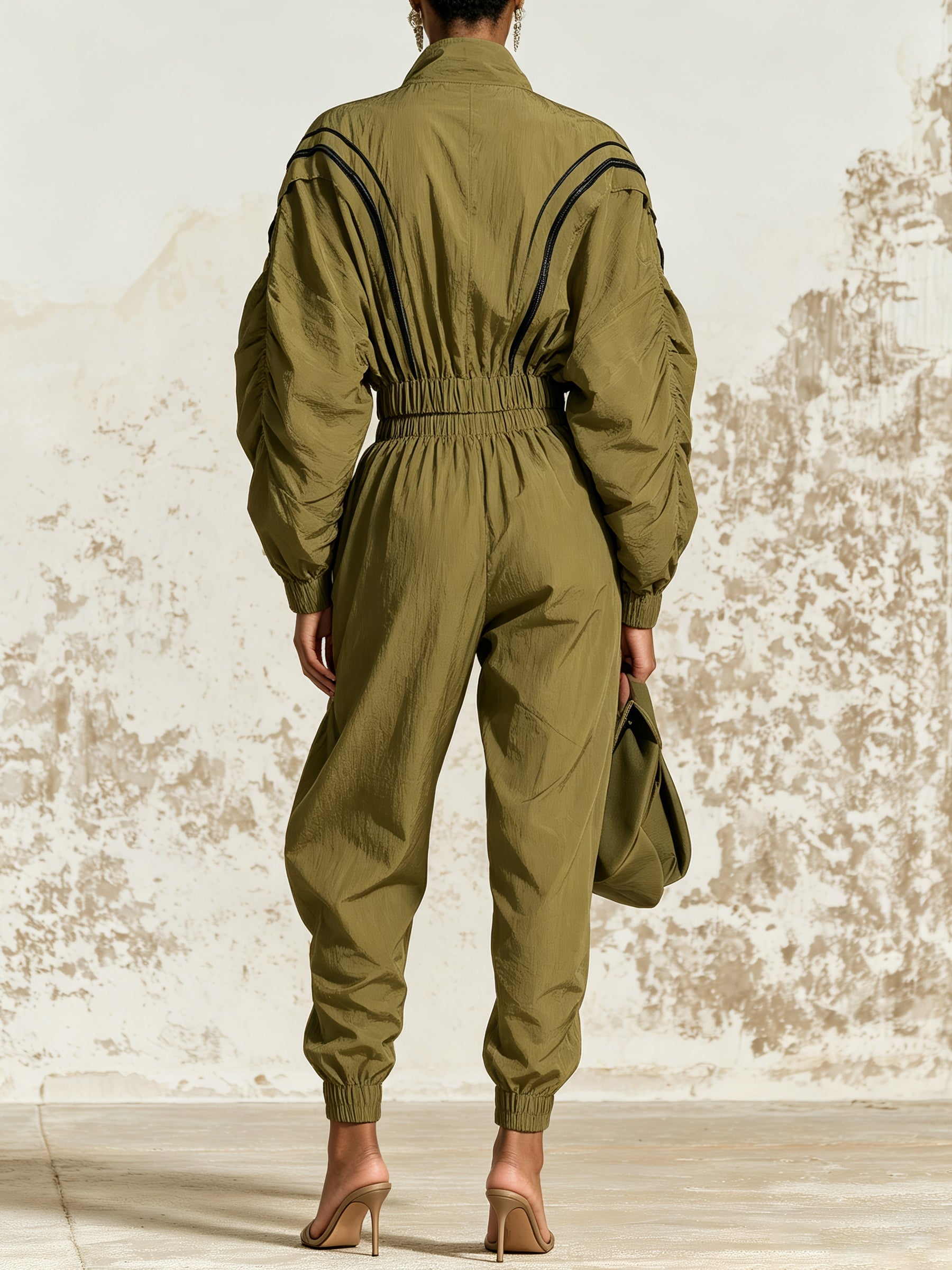 Olive Utility Jumpsuit – Chic Zip Front Long Sleeve Cargo Jumpsuit With Elastic Waist