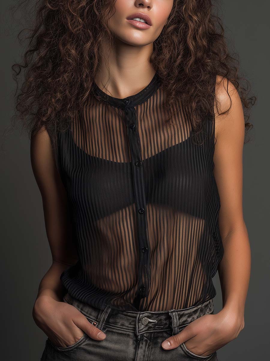 Vintage Vertical Striped Sheer Crew Neck Button Front Sleeveless Tank