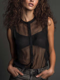 Vintage Vertical Striped Sheer Crew Neck Button Front Sleeveless Tank