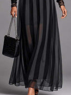 Gothic Striped Mesh Long Sleeve Double Buckle Belted Maxi Chiffon Dress