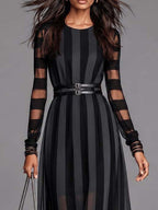 Gothic Striped Mesh Long Sleeve Double Buckle Belted Maxi Chiffon Dress