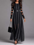 Gothic Striped Mesh Long Sleeve Double Buckle Belted Maxi Chiffon Dress