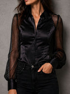 Vintage Spliced Satin Sheer Mesh Puff Sleeve Slim Shirt
