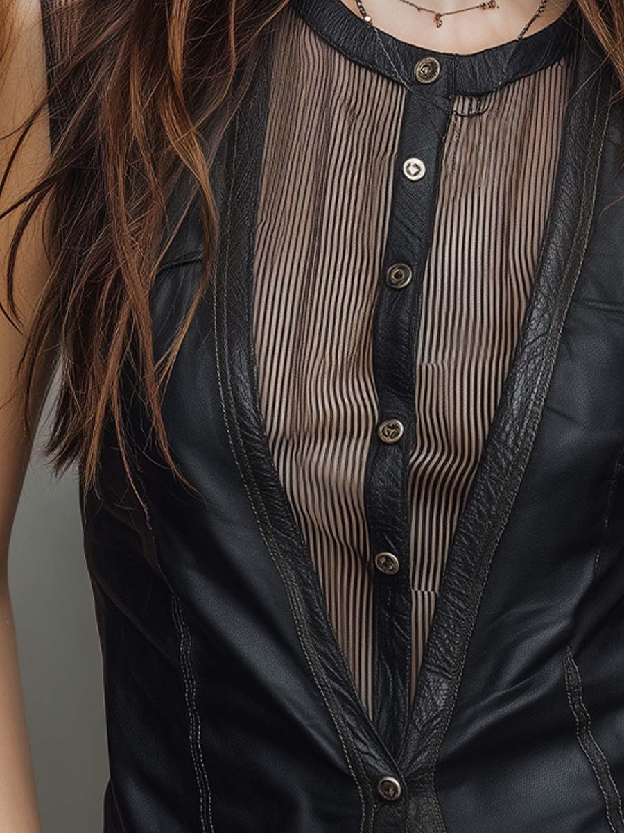 Gothic Faux Leather Vertical Striped Mesh Spliced Button Down Crew Neck Sleeveless Vest